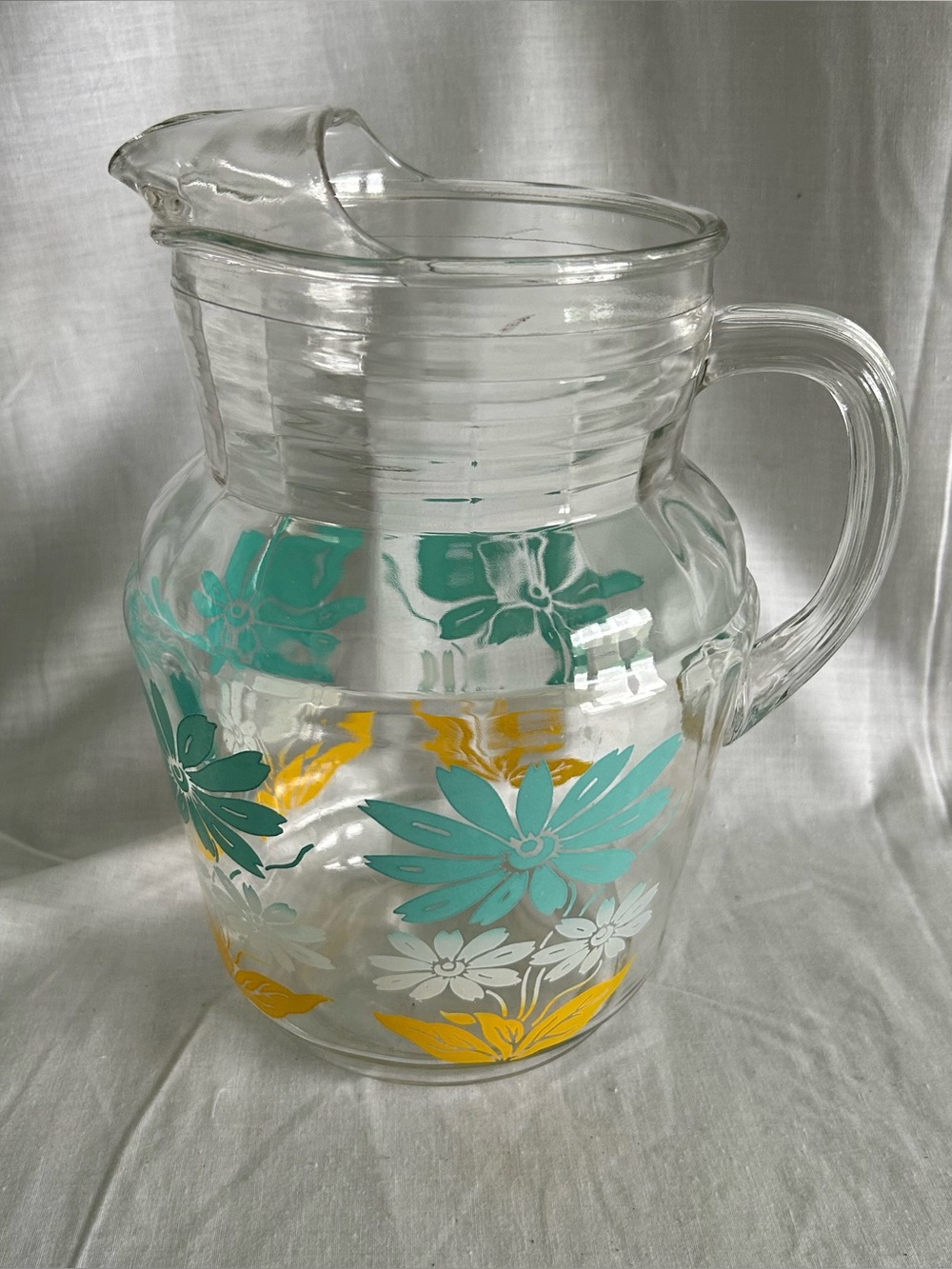 Vintage Federal Glass Pitcher Yellow Flowers Teal Leaves Ice Lip Pour Spout MCM